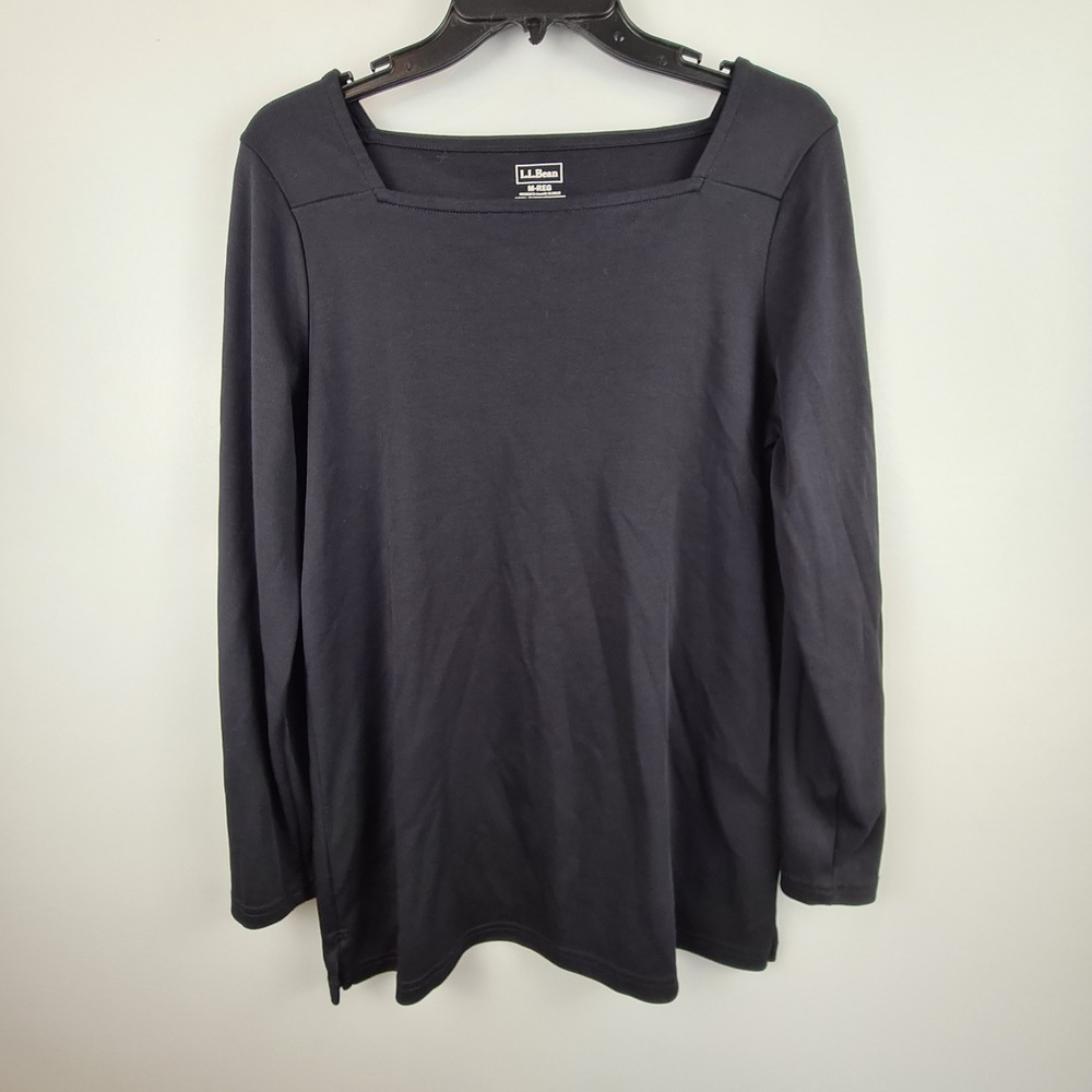 LL Bean Women Black Supima Cotton Square Neck Long Sleeve Tee Shirt M Basic Top